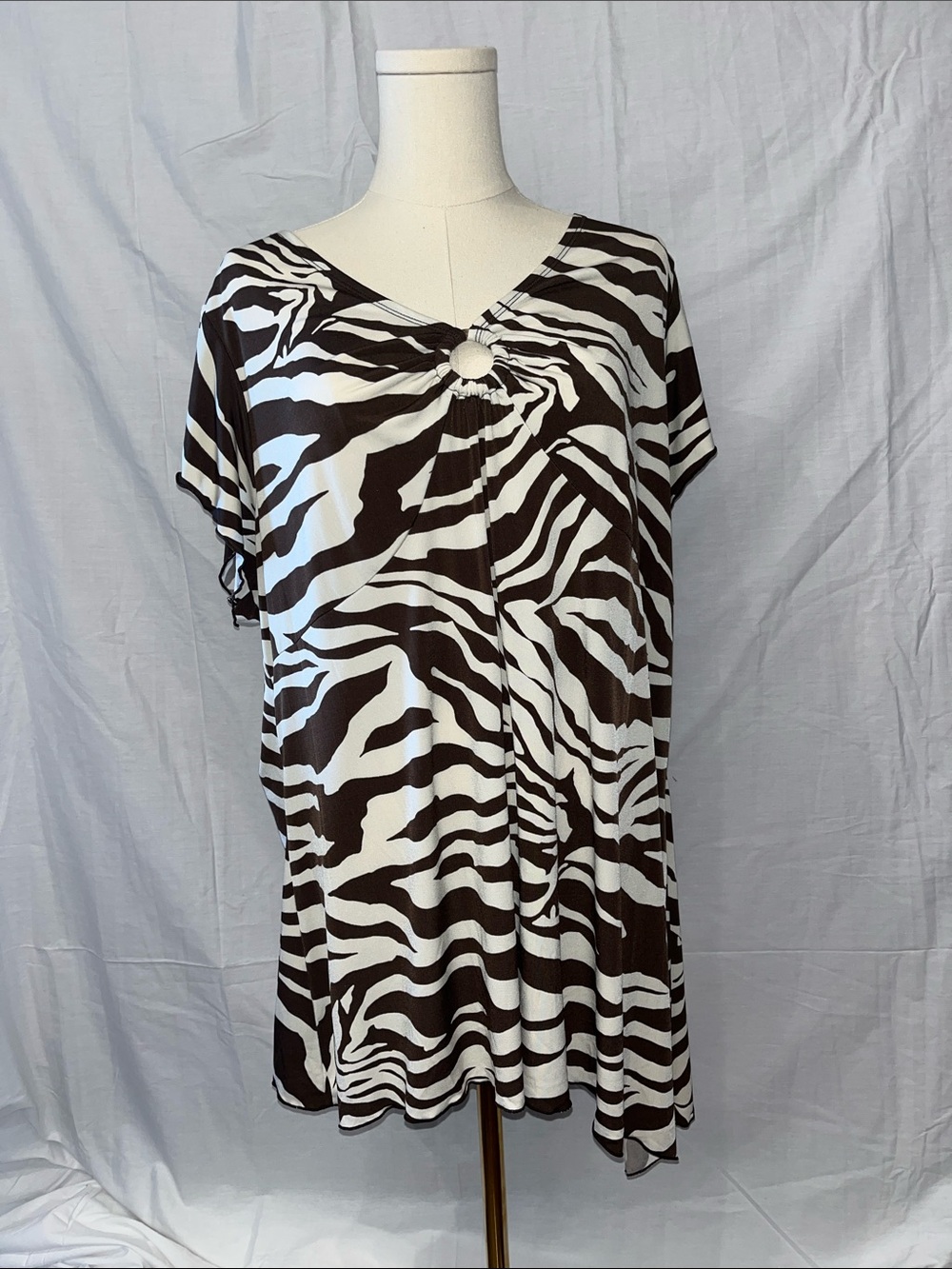 Zena Brown & White Zebra Print V-Neck Tunic with Ring Detail